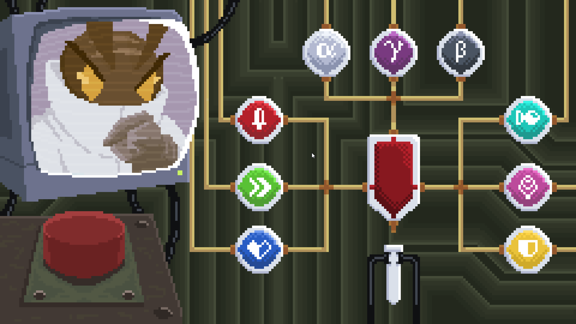 A machine full of various serums the player is mixing together. Professor Scales is on a monitor in the corner.